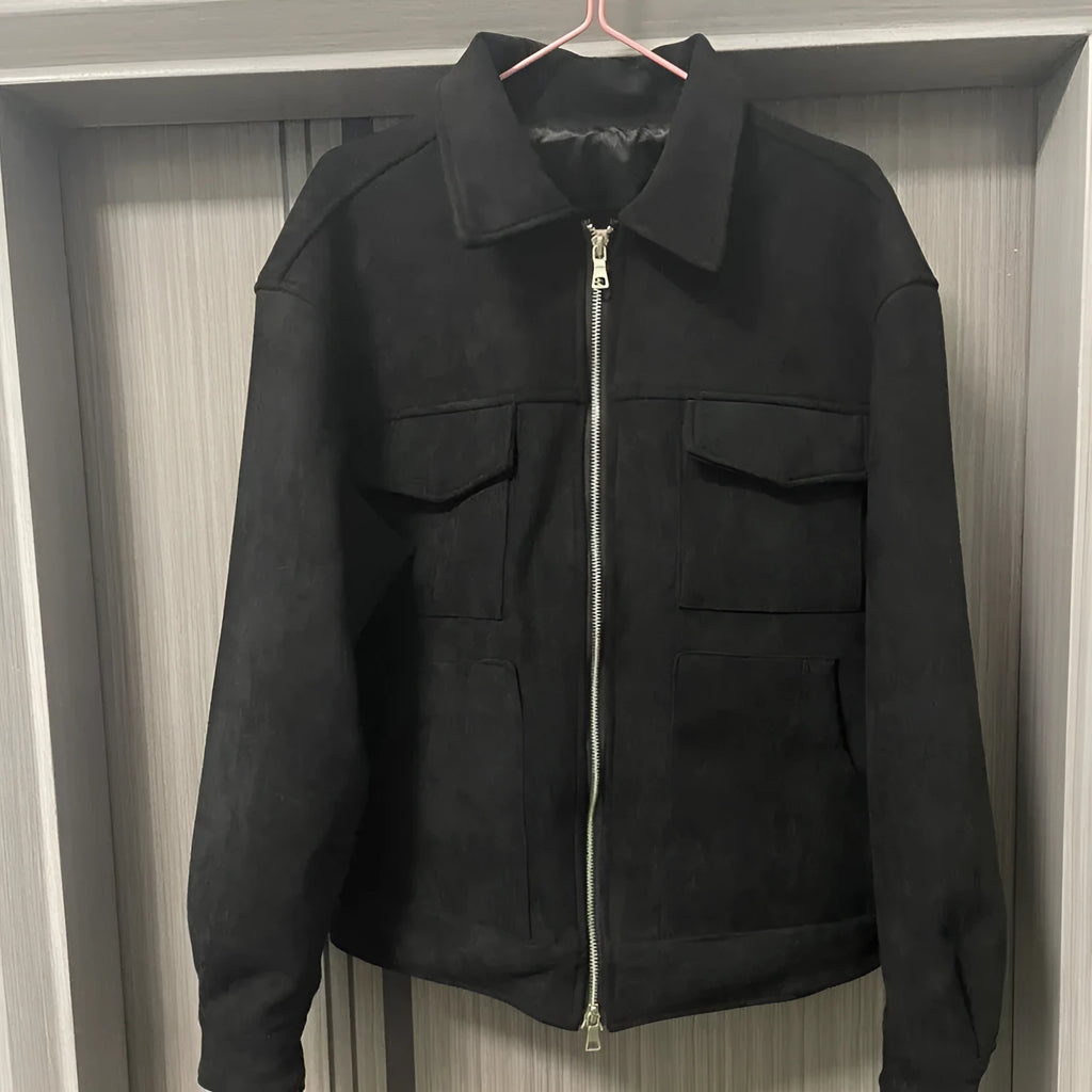 Thickened slim fit jacket coat with a large zippered pocket, shown in camel colour