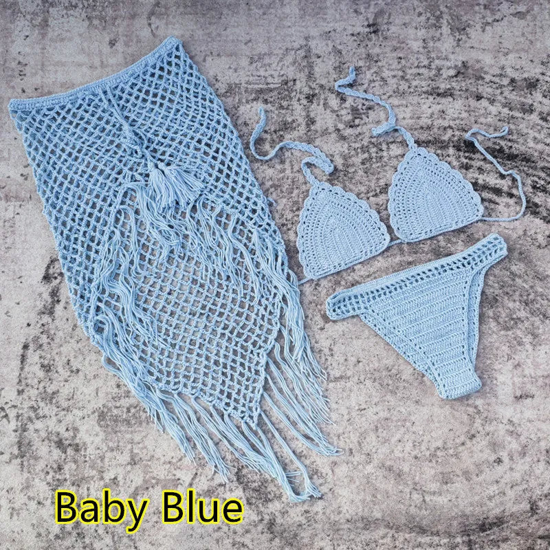 Women's handmade crochet three-piece bikini set with skirt in blue colour