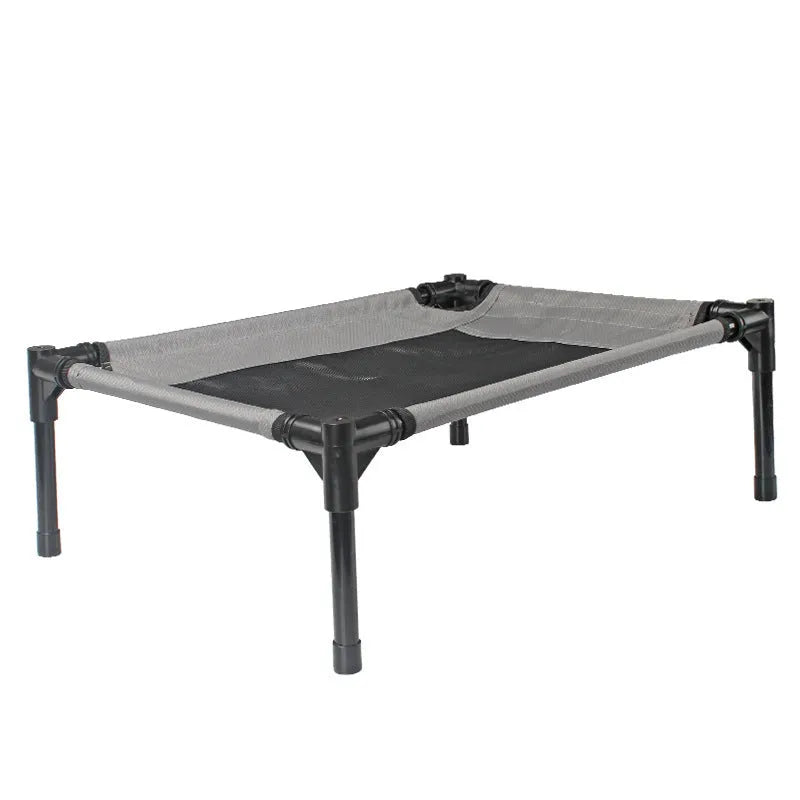 Black oxford cloth outdoor dog bed with steel frame measuring 55cm wide for camping and travel
