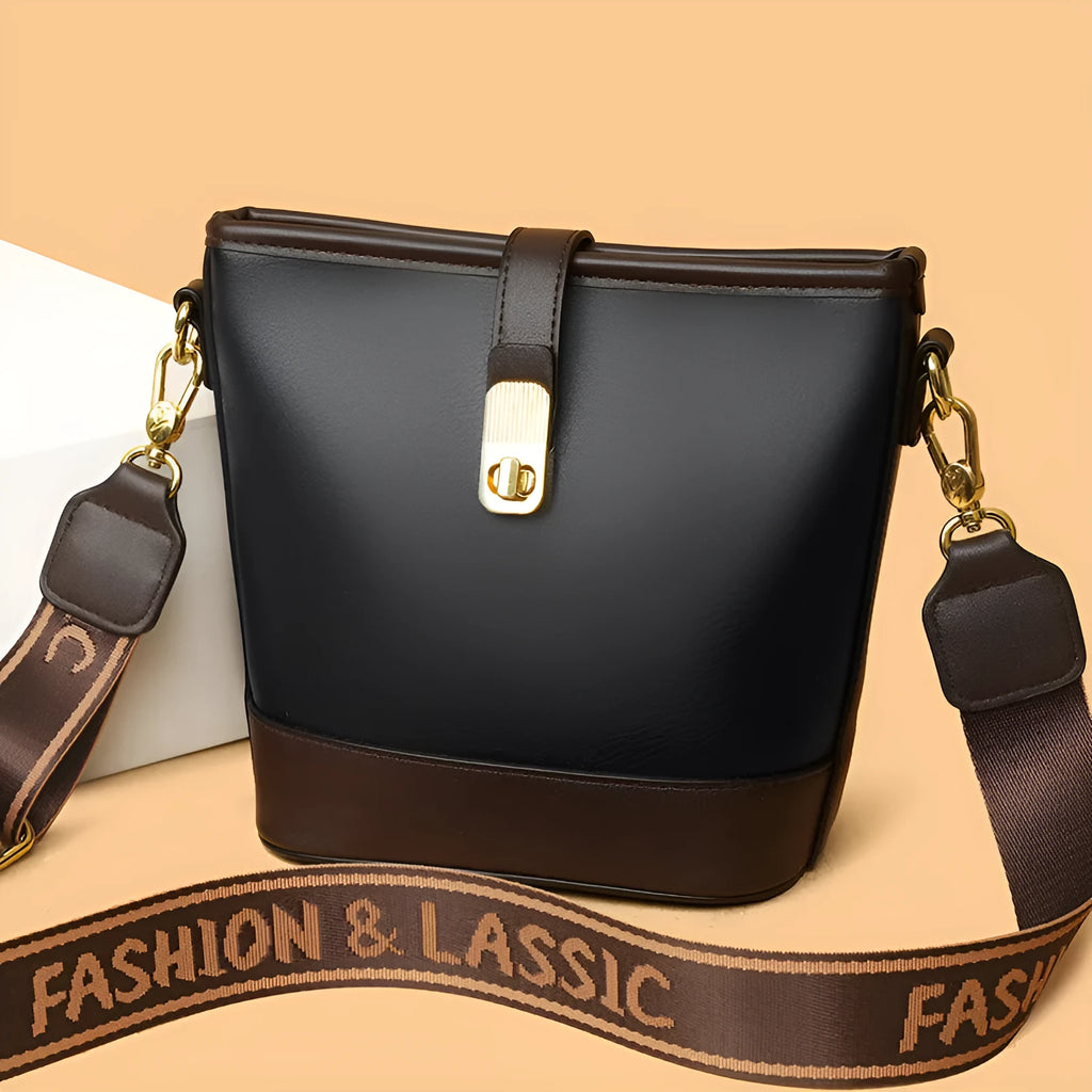 Korean fashion bucket bag in black PU leather with double shoulder straps and organised interior compartments