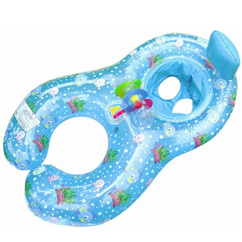 Parent-child PVC inflatable swim ring in green with ant boat pattern for baby and adult pool use