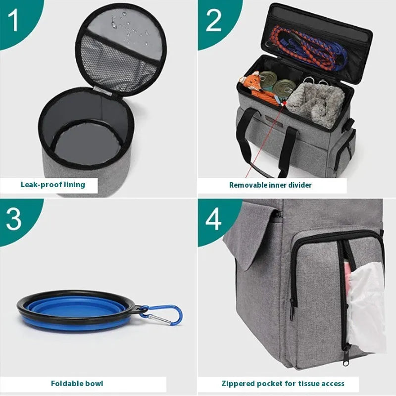 Grey dog travel backpack made of Oxford cloth with removable divider and training bag