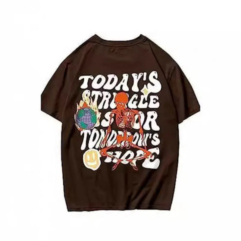 Men's printed short-sleeved sports T-shirt with digital pattern on polyester fabric, showing pullover design and casual streetwear styling