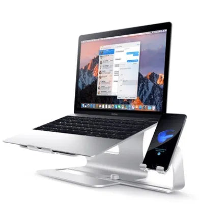 Desktop lazy bracket in gray and silver on a desk, measuring 26x24.3x19cm.