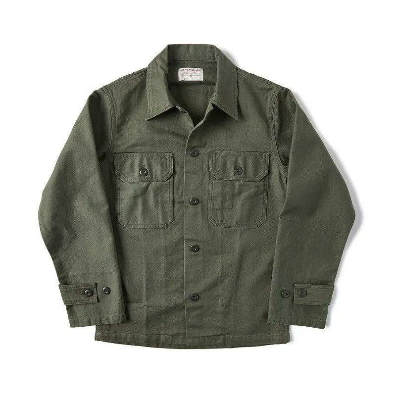 Olive green cotton satin men's work shirt with slim fit cardigan style on a white background