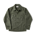 Olive green cotton satin men's work shirt with slim fit cardigan style on a white background