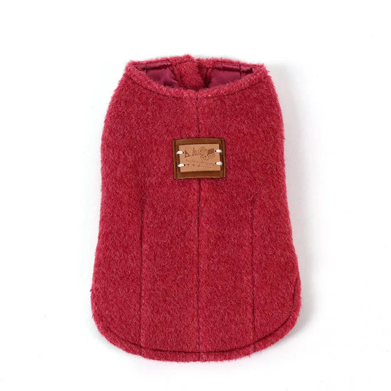 Casual cotton knitted vest for small dogs in blue, red, or yellow, showing front view.