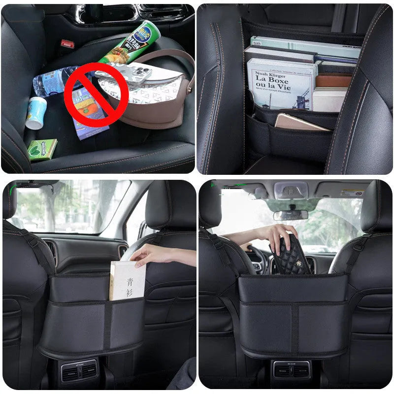 Black leather car seat net pocket storage bag with carbon fiber pattern, 38x24x15cm, placed on a car seat
