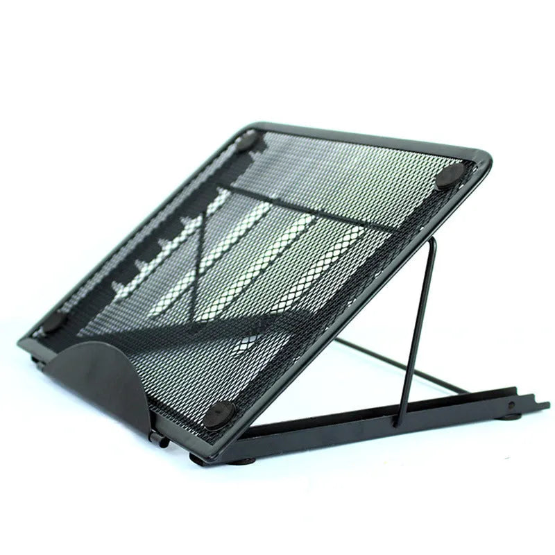 Adjustable cold-rolled steel laptop and tablet stand in black, shown in a raised position.
