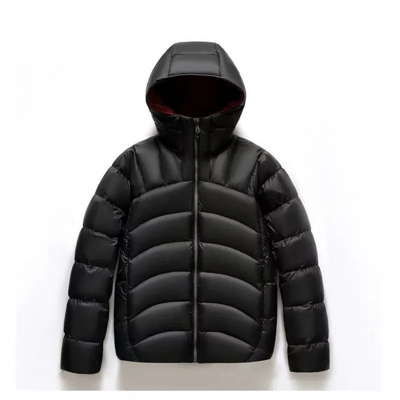 Unisex hooded down jacket in solid colour with ribbed cuffs and hood, front view
