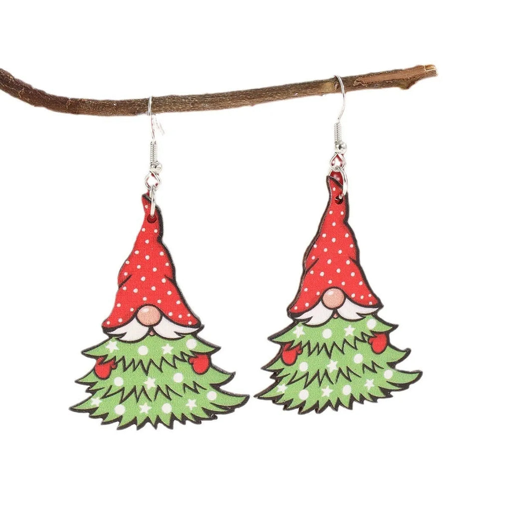 Wooden Christmas earrings with printed tree and snowman designs on geometric shapes