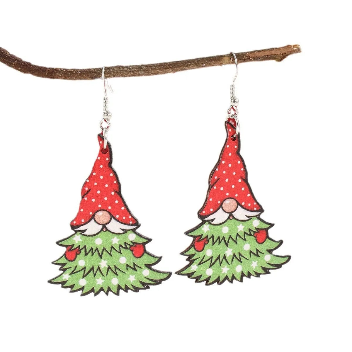 Wooden Christmas earrings with printed tree and snowman designs on geometric shapes