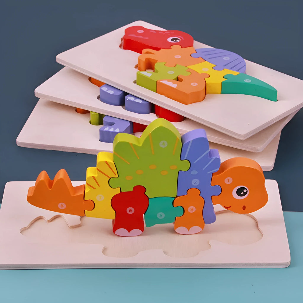 Wooden 3D dinosaur puzzle educational toy set for children with six different models