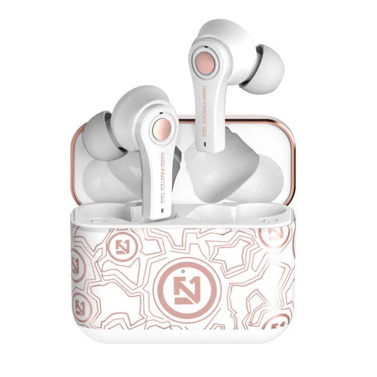 Black and white TWS touch in-ear wireless headphones with a charging case on a table.
