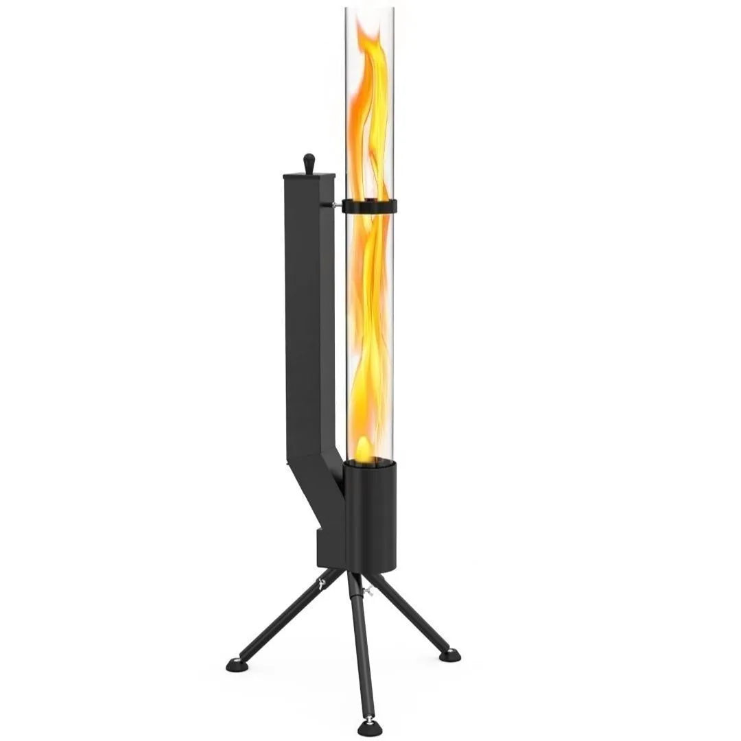 Vertical iron wood burning rocket furnace outdoor heating stove with visible flames