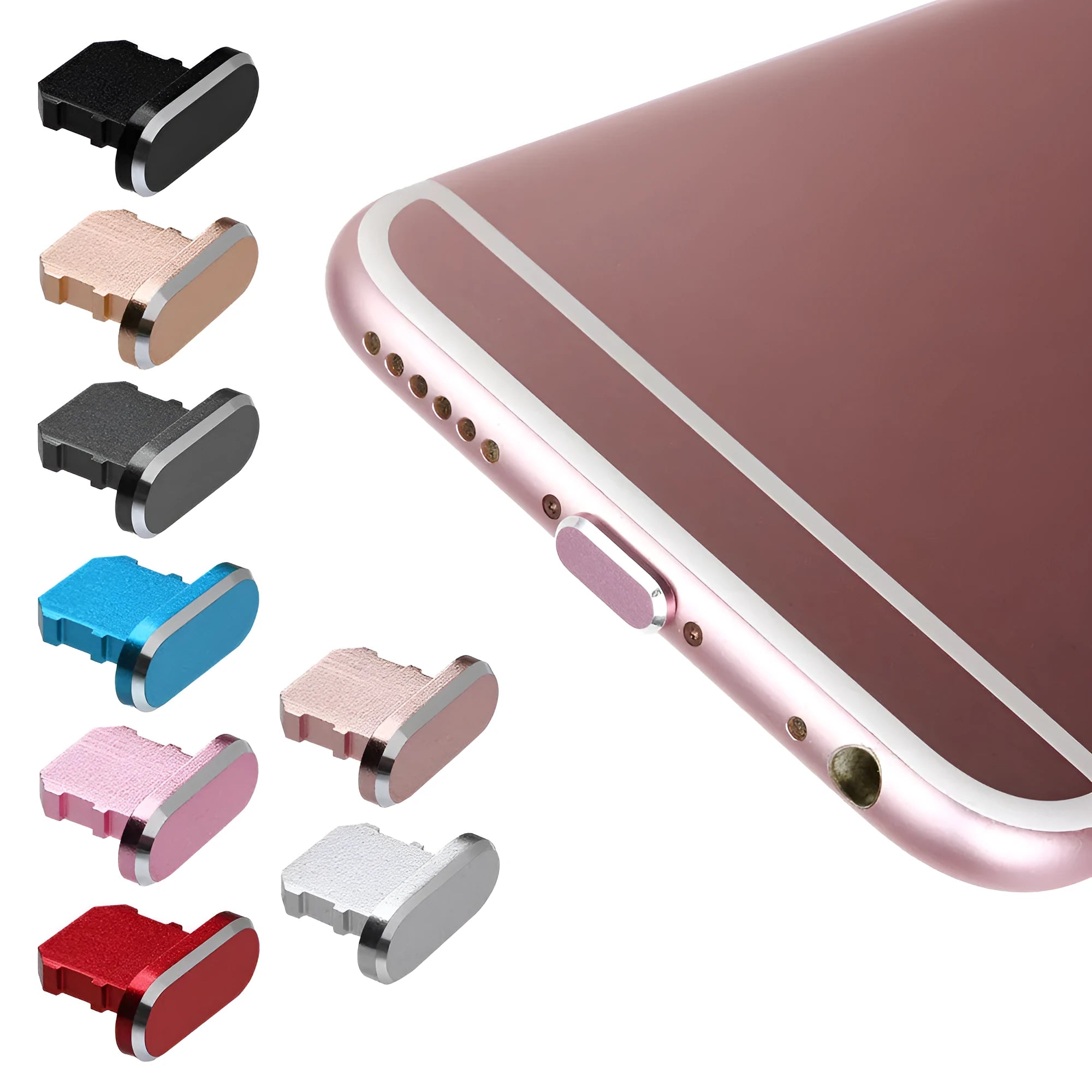 Aluminium alloy charging port dust plug for iPhone in various colours including gold, black, and rose gold.