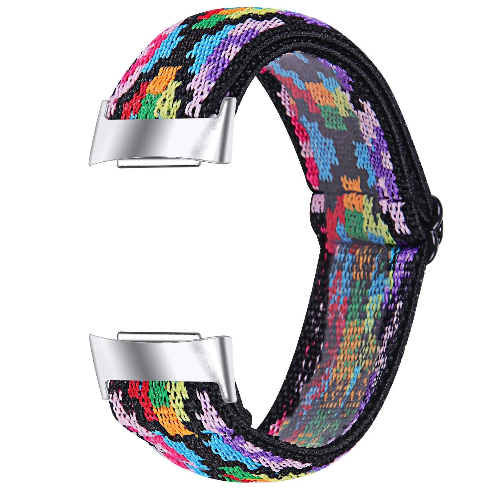 Printed elastic replacement watch strap compatible with Fitbit Charge 6, shown in an adjustable length.
