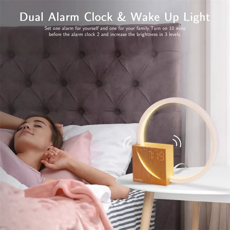 Navy blue touch control bedside lamp with digital alarm clock display and natural sounds functions.