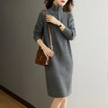 Beige half zip woolen skirt with stand collar and long sleeves