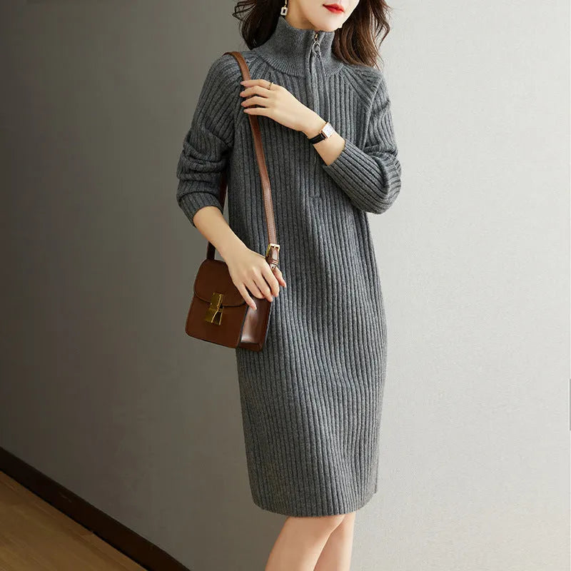 Beige half zip woolen skirt with stand collar and long sleeves