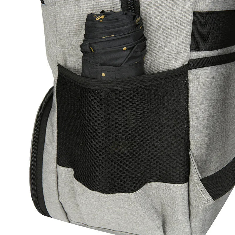 Oxford cloth insulated backpack with curved shoulder straps shown in light grey colour with dry-wet separation compartments visible