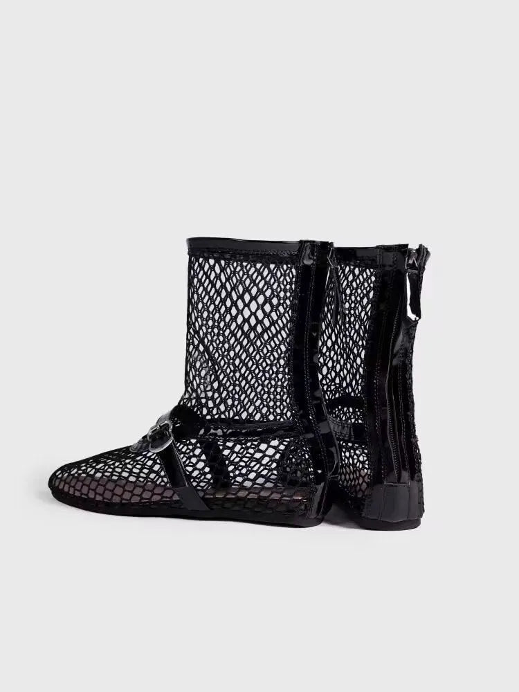 Black high top women's ballet shoes with metal buckle and back zipper PU upper round toe