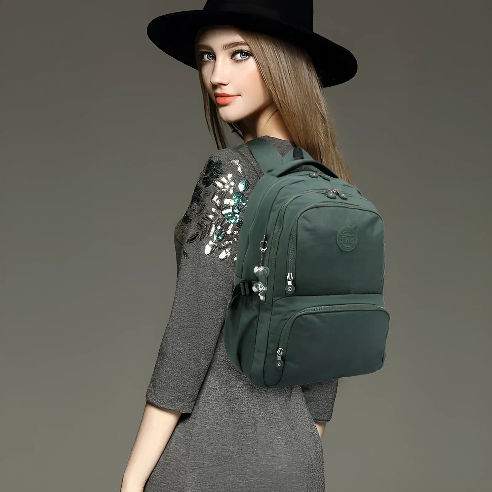 Nylon ultra light outdoor daily travel backpack with curved shoulder straps in olive green colour