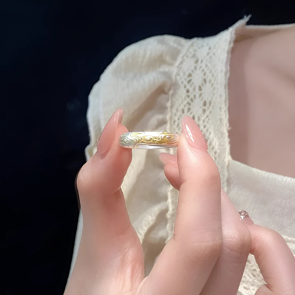 White copper open mouth ring with Xiangyun pattern and electroplated silver gold finish