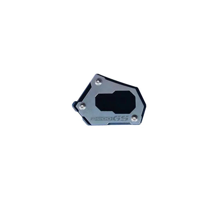 Aluminium alloy motorcycle side stand brace for R1200GS LC in black and silver finish with anti-slip mat