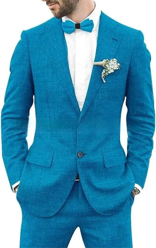 Men's linen hemp blend wedding suit in slim fit with jacket and trousers in dark blue colour