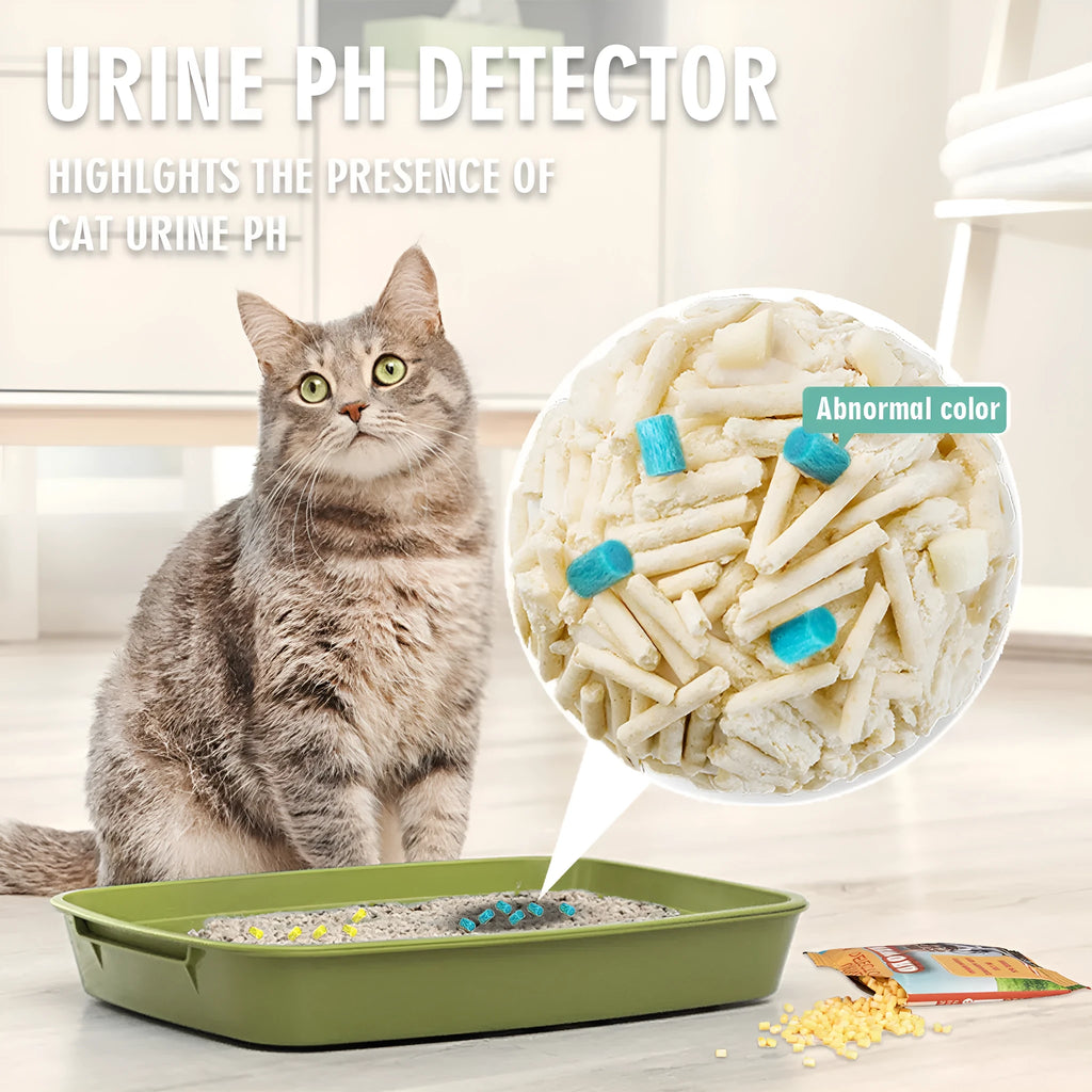 Five cat litter self-checking particles in brown and green for urinary health monitoring