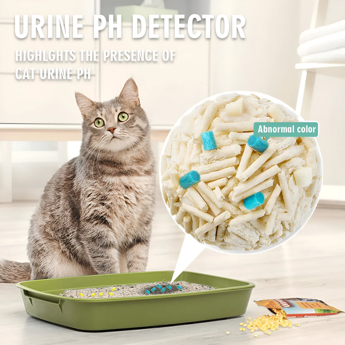 Five cat litter self-checking particles in brown and green for urinary health monitoring