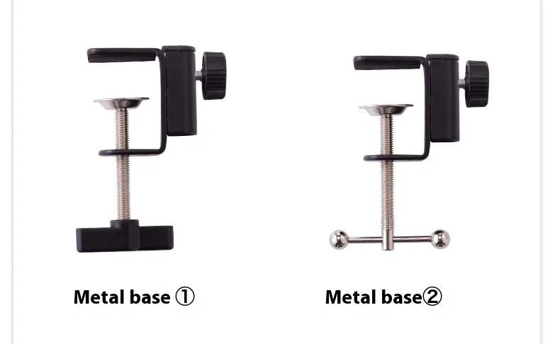 Foldable metal desktop lazy bracket with tablet clip and 360° rotation arm on a desk