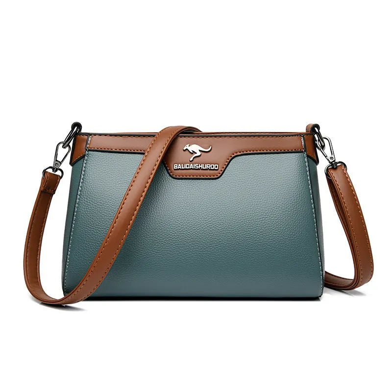 One shoulder soft PU small square stitching women's cross-body bag in black with contrast colour details and double strap