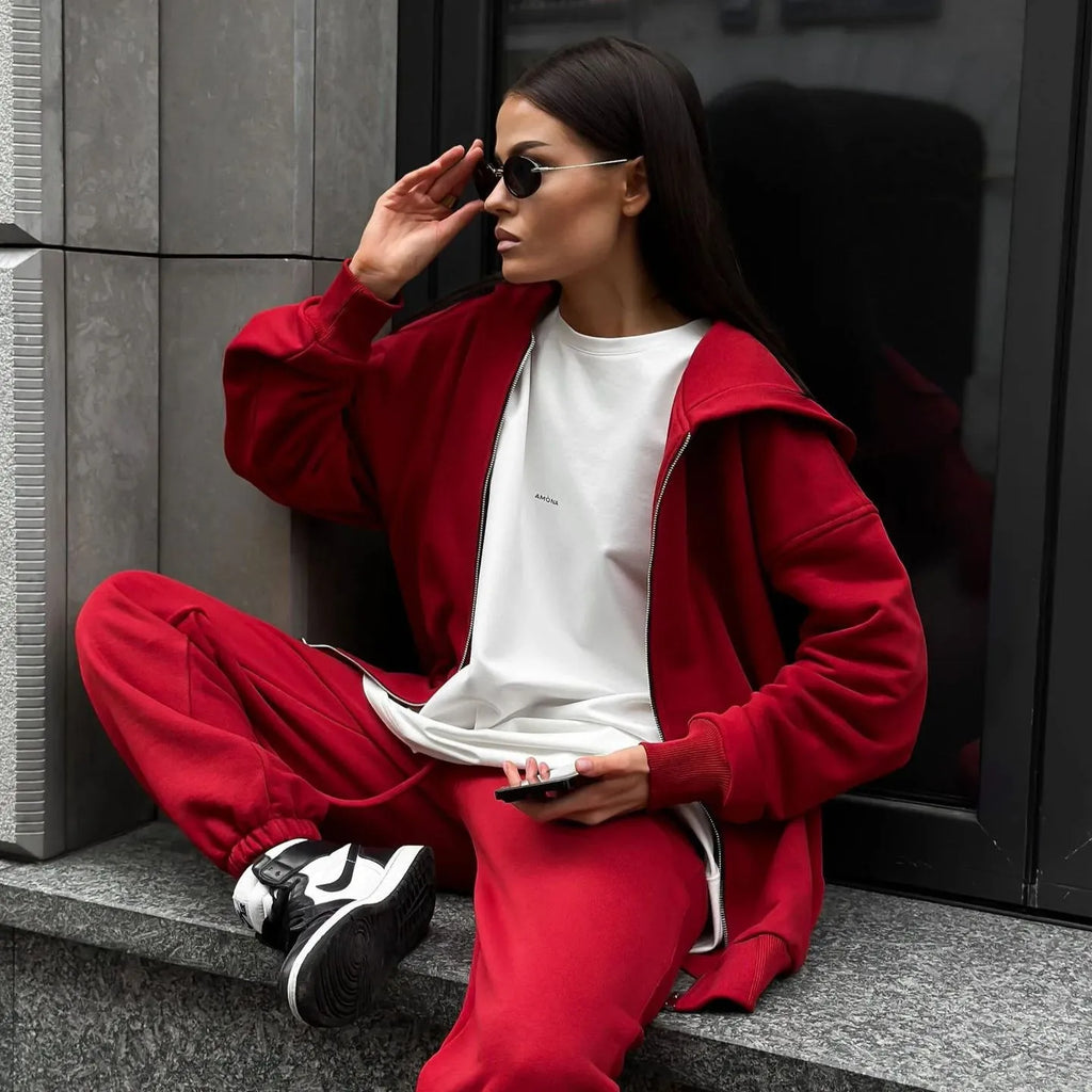 Street style long-sleeved coat and trousers two-piece set in solid colour with loose fit design