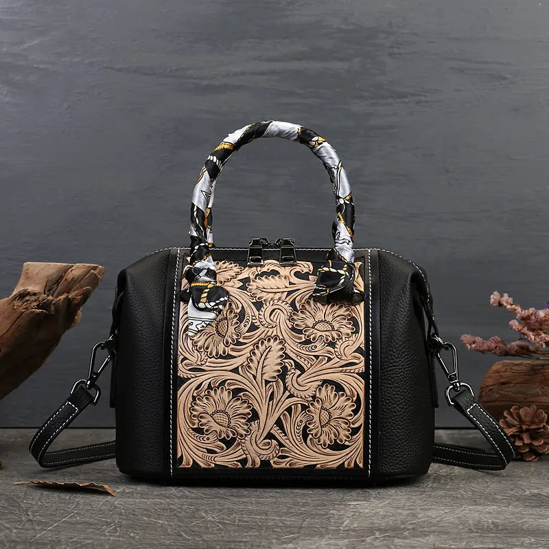Genuine cowhide leather vintage-style messenger bag in horizontal square shape on a model.
