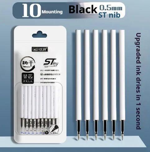 One Second Quick-drying refill neutral push bullet available in black red blue and ink blue with 500 metre writing length