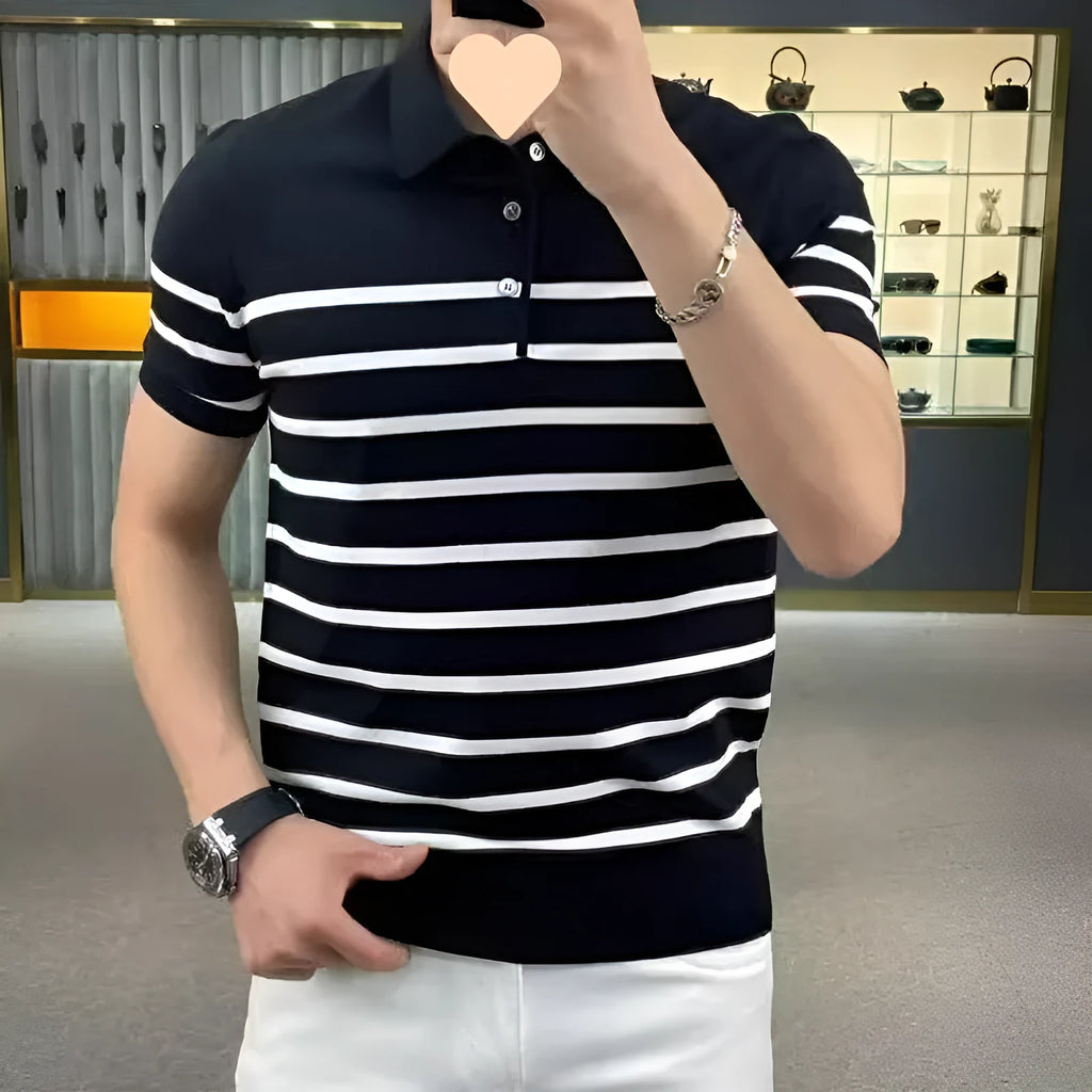 Striped lapel knitted T-shirt in polyester blend available in black or white colours