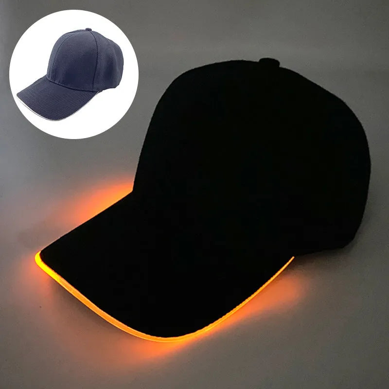 Halloween LED baseball cap showing integrated lighting effects in various pumpkin and solid colour designs