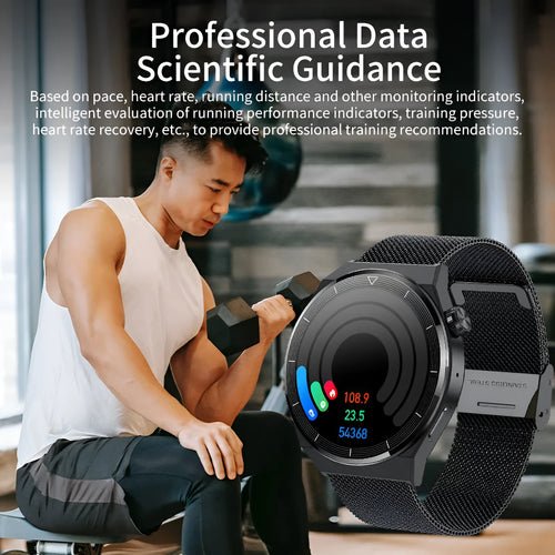 Black silicone strap smartwatch with silver case showing touch screen displaying health metrics