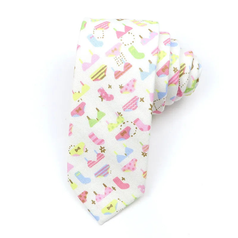 Narrow Korean style cotton bow tie with a printed cartoon pattern in various colours.