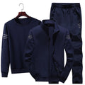 Men's three-piece leisure sports suit in gray, black, and dark blue polyester with top, jacket, and trousers, sizes M to XXXXL