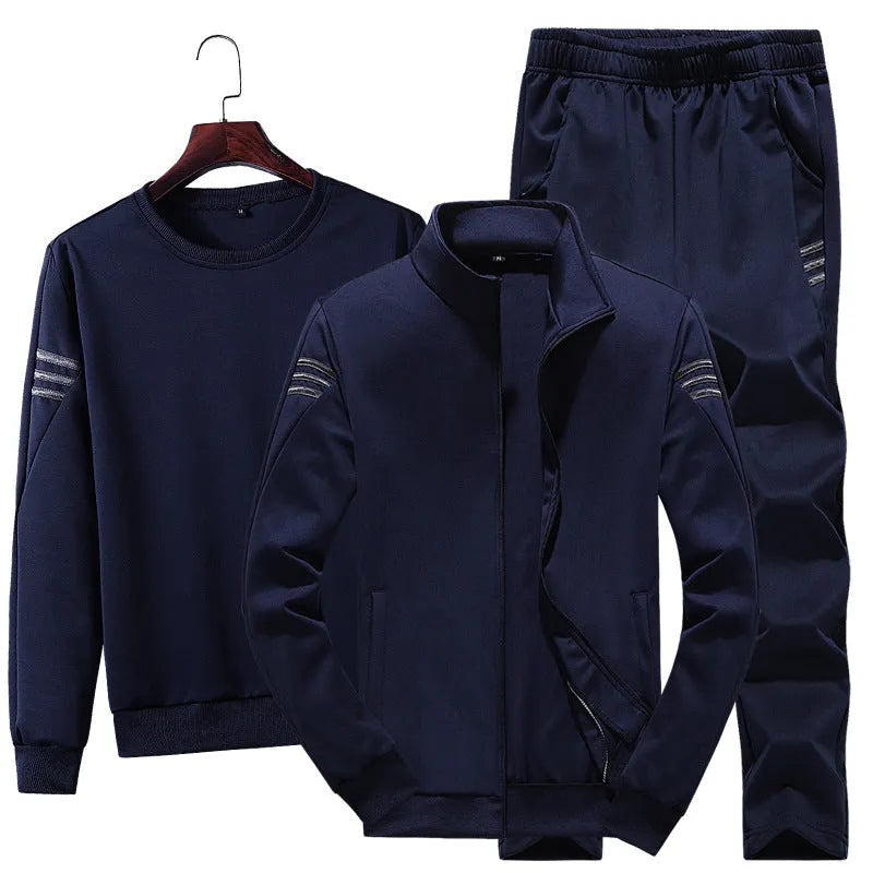 Men's three-piece leisure sports suit in gray, black, and dark blue polyester with top, jacket, and trousers, sizes M to XXXXL