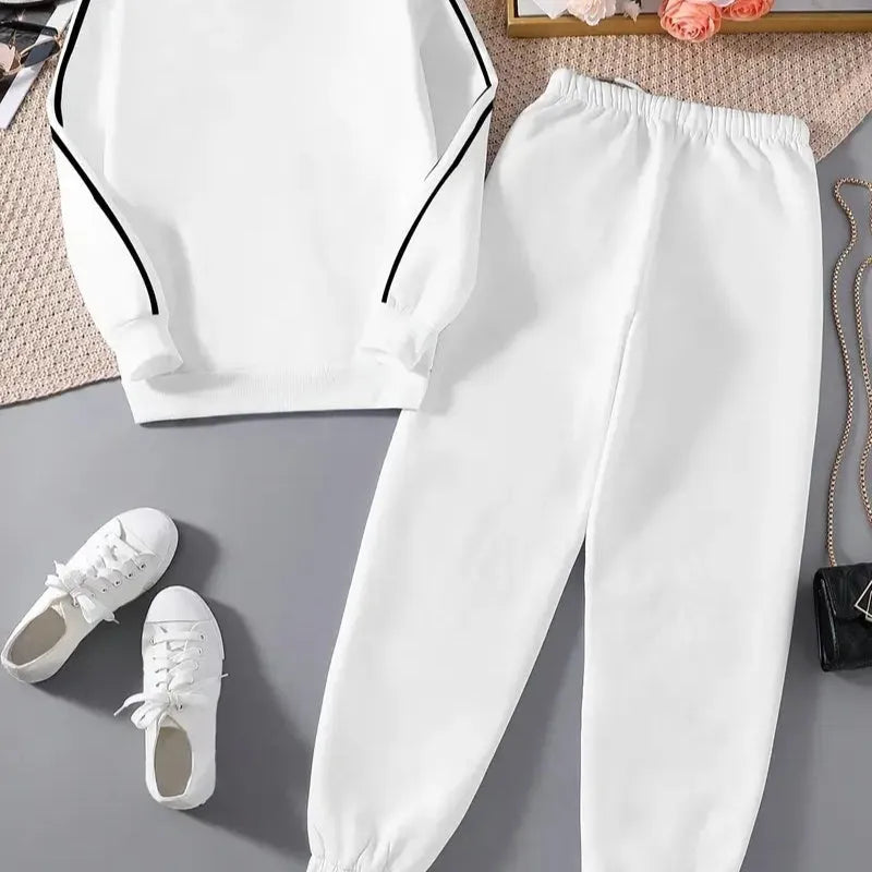 Women's casual suit with black round-neck top and matching polyester trousers, long sleeves, contrast-colour detailing