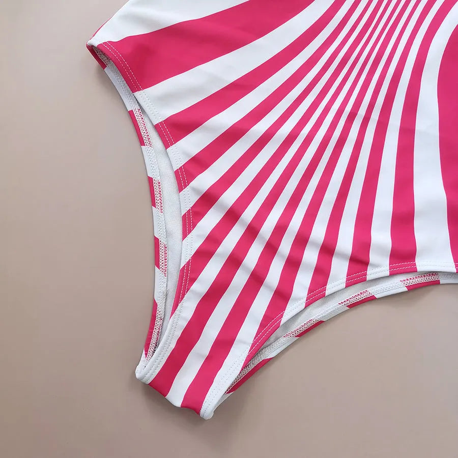 Pink striped one-piece swimsuit for women with front and back digital printing.