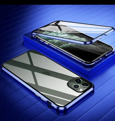 Glass anti-spy clamshell phone case for iPhone in six colour options: black, silver, red, gold, green, blue.