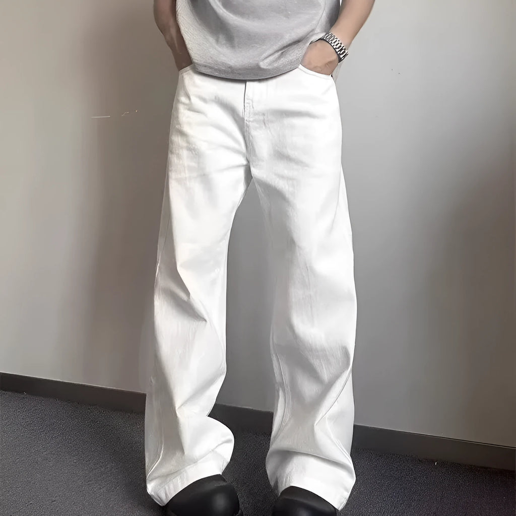 Men's white straight leg jeans with mid-rise waist and zipper fly closure