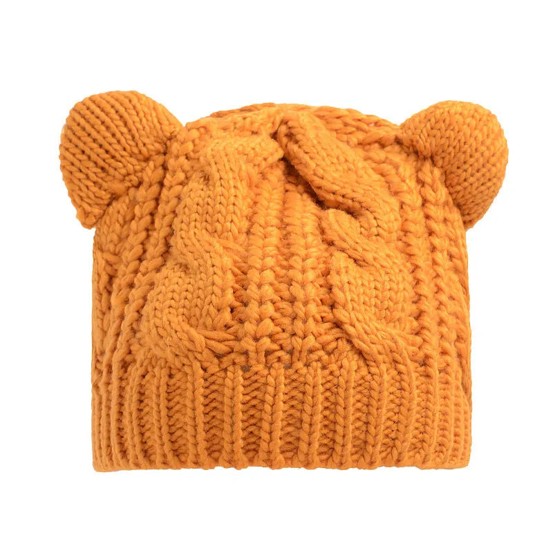 Handmade wool knitted beanie with 3D cat ears in multiple colour options