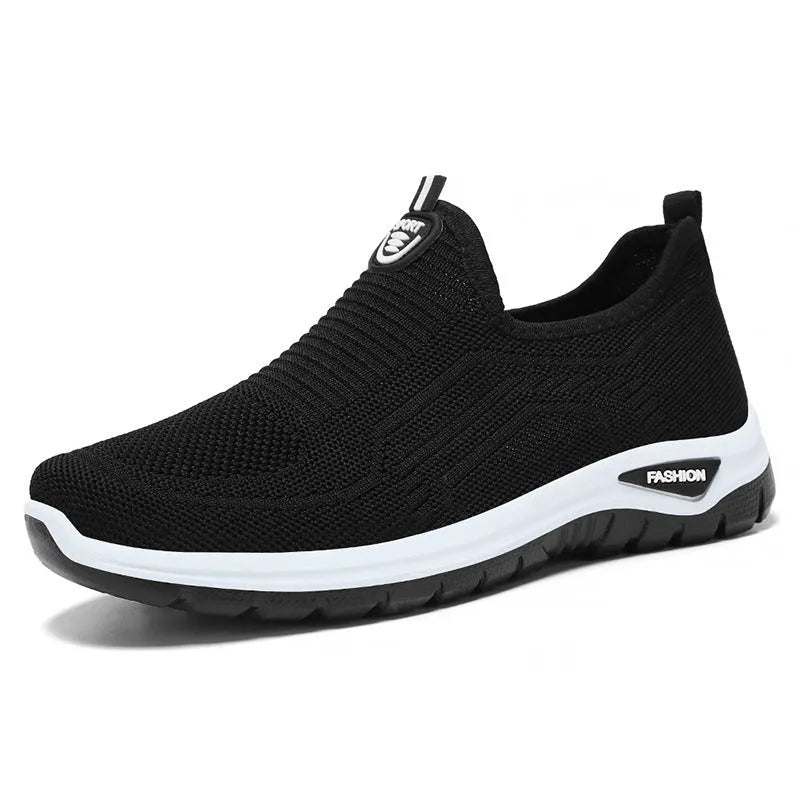 Men's black and grey breathable casual shoes with mesh uppers and PVC soles in a round-toe tennis style.
