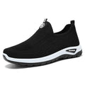 Men's black and grey breathable casual shoes with mesh uppers and PVC soles in a round-toe tennis style.